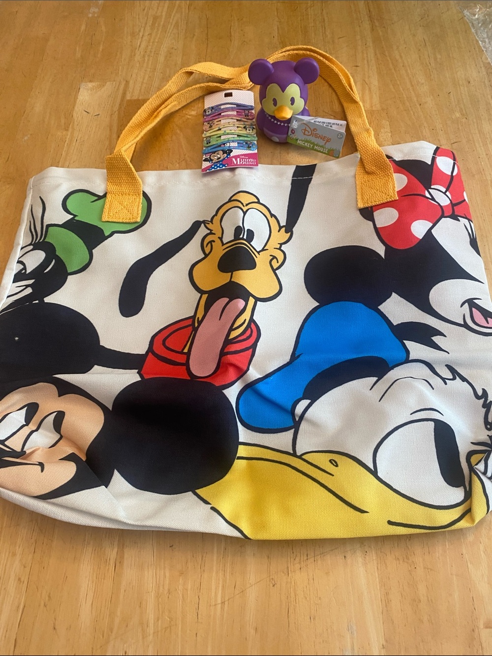 Bundle Disney Mickey duck, 6 Minnie hair clips & Character Canvas Tote New NWT